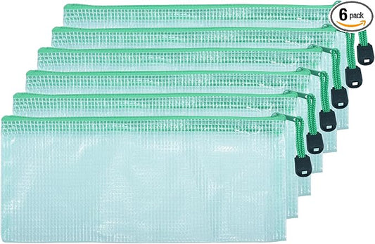 6 Pcs 4.13" x 9.25" Bills Sizes Mesh Zipper Pouch Bags, Mesh Bags with Zipper，Waterproof Clear document pouch for Organization Puzzles Travel, Office, Classroom Organization, Bills Green