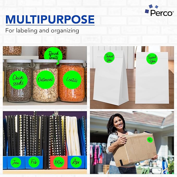 Perco Fluorescent Green 3-Inch Perforated Circle Dot Sticker Labels — 10 Rolls, 5,000 Round Stickers — with Permanent Adhesive for Moving Boxes, Sale Signage, Displays, Status Messaging—Made in USA