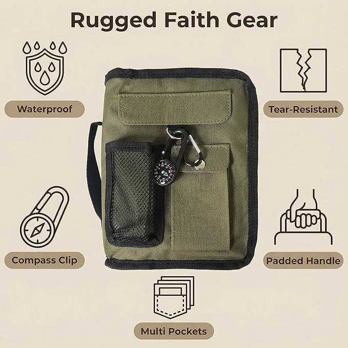 Bible Cover Case for Men Women Army Green Camo Medium Bible Cover with Durable Handle Quilted Carrying Case Prayer Church Scripture Tote Bible Case Scout Book Cover with Compass Carabiner Camouflage