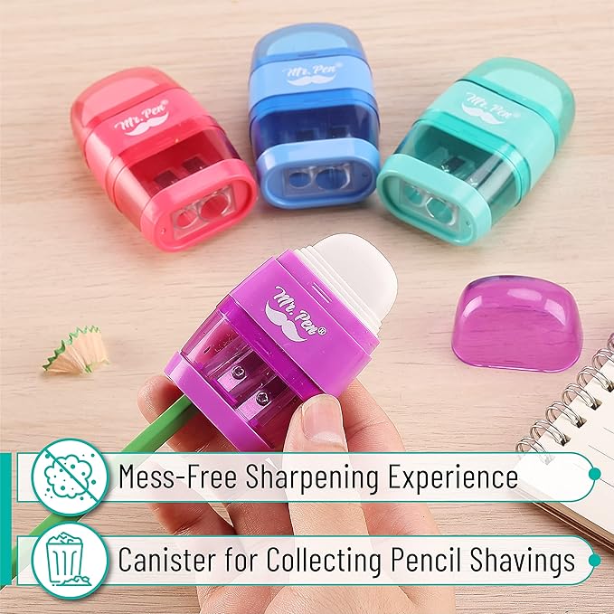 Mr. Pen- Pencil Sharpener & Eraser, 4 Pack, 2-in-1 Manual Sharpeners with Canister, 2 Sharpening Holes for Standard & Jumbo Pencils, Colorful Dual Hole Design for School, Office, Home, Kids