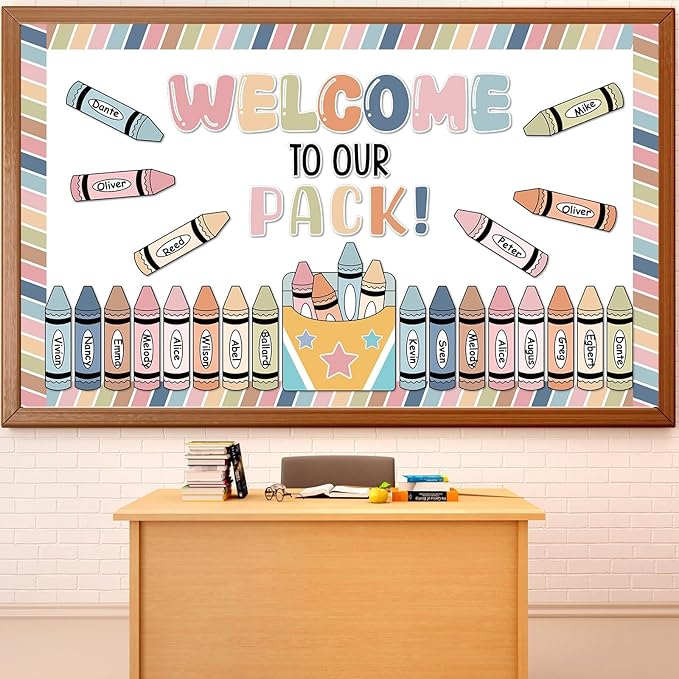 Boho Welcome to Our Pack Bulletin Board Set Crayons Back to School Classroom Decorations Colorful Crayon Theme Name Tags Crayon Box Star Cutouts for Classroom Teachers Chalkboard Home Wall Door Decor