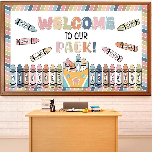 Boho Welcome to Our Pack Bulletin Board Set Crayons Back to School Classroom Decorations Colorful Crayon Theme Name Tags Crayon Box Star Cutouts for Classroom Teachers Chalkboard Home Wall Door Decor