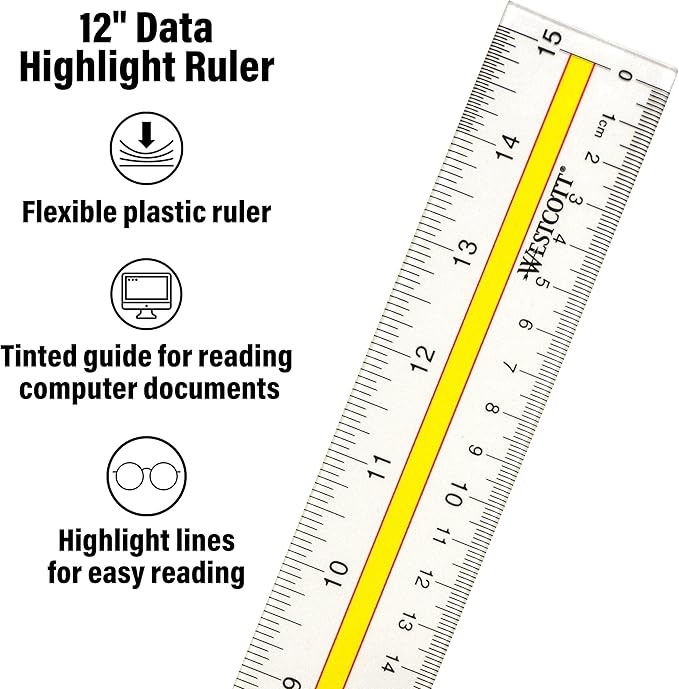 Westcott Acrylic Data Highlight Reading Ruler With Tinted Guide, 15" Clear