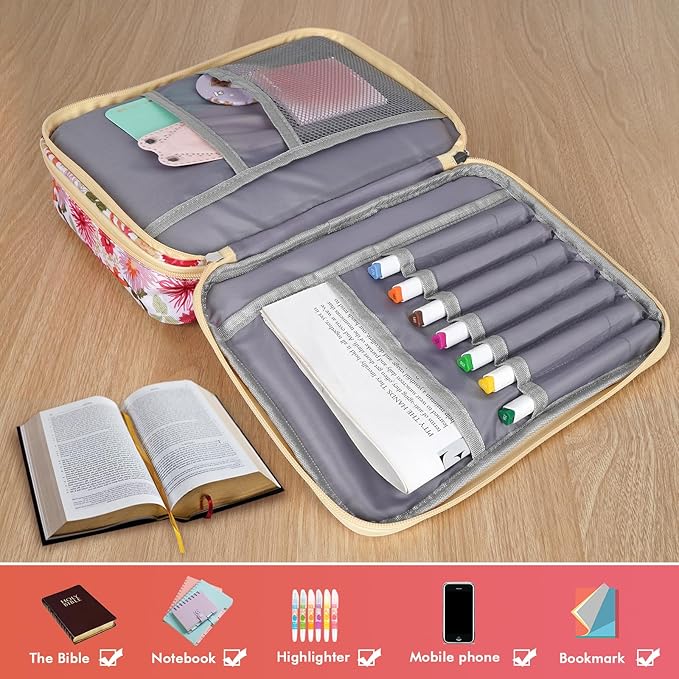 Bible Bag for Girls Organizer - Dual Zipper Compartments with 7 Pen Slots for Church Bible Study, Christian Gift for Teen (Floral)