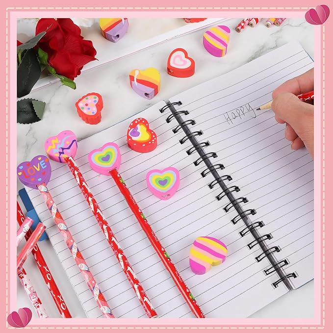 FOIMAS 24pcs Valentine's Day Pencils with Erasers Topper Decorated with Love Hearts Lips Assortment Valentine Stationery Pencil Bulk for Valentine's Day Goodie Bag Filler School Teacher
