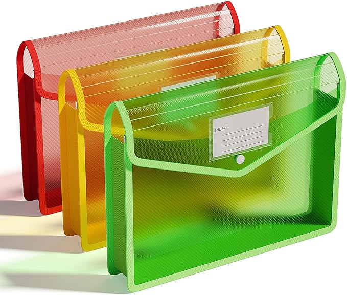 ThinkTex Plastic Expanding File Folders, Transparent Envelopes with Snap Closure, No Dividers, Large Capacity, Document Organizer for Bills & Taxes, Letter/A4 Size for School, Office, Home - 3 Pack
