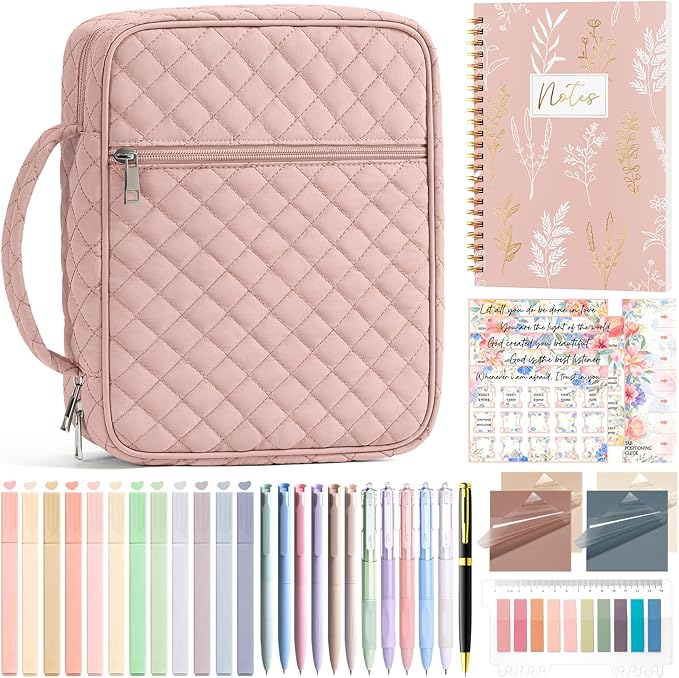 Bible Cover Case for Women Large Bible Bag, Bible Study Supplies Journaling Kit Quilted Church Bag with Handle, Puffer Book Carrying Case w/Tabs Accessories Mothers Day Christian Gifts for Women Mom