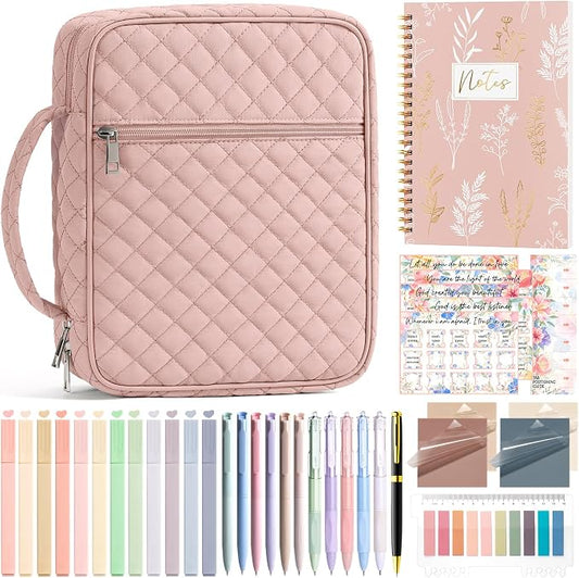 Bible Cover Case for Women Large Bible Bag, Bible Study Supplies Journaling Kit Quilted Church Bag with Handle, Puffer Book Carrying Case w/Tabs Accessories Kit Christmas Christian Gifts for Women Mom