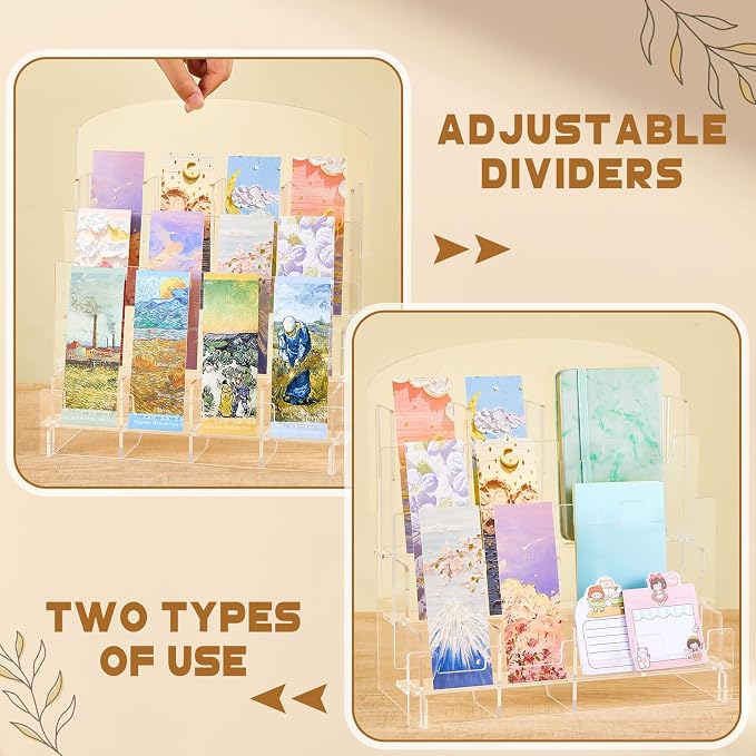 Yuntau Acrylic Bookmark Display, Adjustable 2. 2'' Bookmark Stand, Portable Sticker Holder, Curved Pockets Greeting Card Display for Business Vendor, Retail Store Shop(Detachable,12 Pockets)