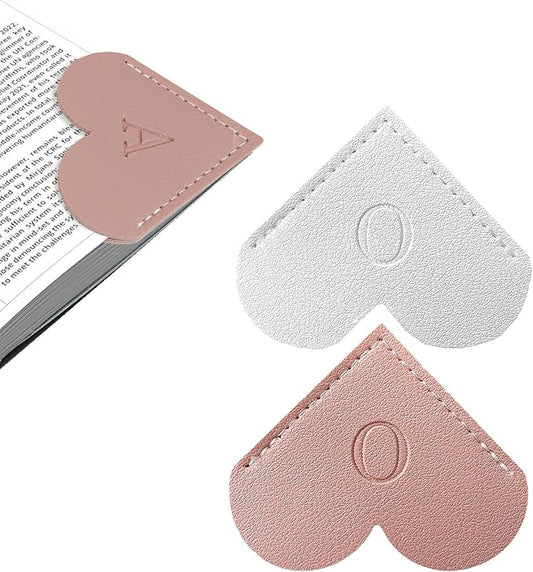 2Pcs Personalized Leather Heart Bookmark with Initial, 26 Letters Custom Corner Page Book Mark for Reading Women, Book Lovers, Teachers, Students, Cute Book Accessories Gifts(White+Pink, O)