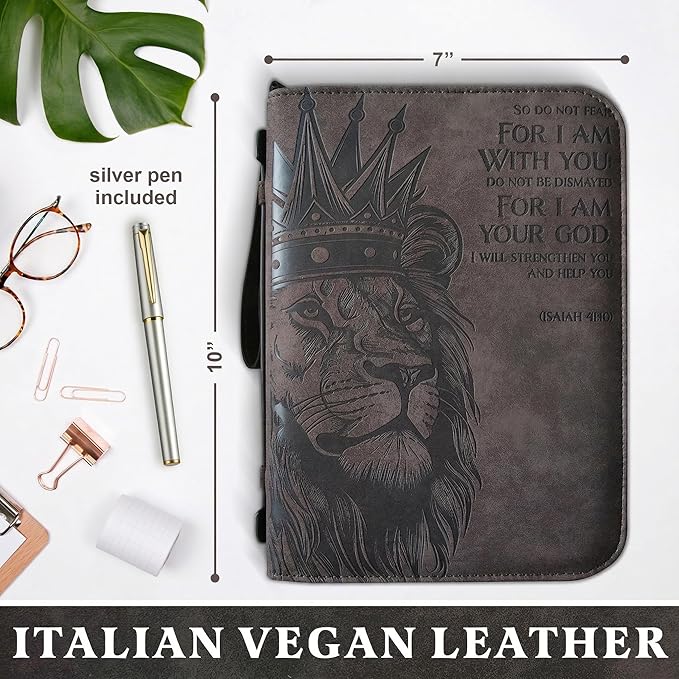 | Lion of Judah Bible Cover for Men & Women | Large Vegan Leather Bible Case with Pen | Fits Thick Study Bibles up to 10" L x 7" W x 2" H | Christian Gifts (Gray)