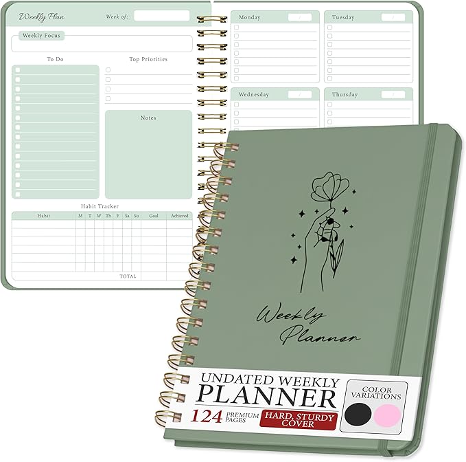 Undated Weekly Planner – Minimalist Weekly Planner Notebook for Work, Home & Daily Writing | Simple Matte Notes for Goals, Appointments & Productivity, Elegant Cardstock Pages, Green