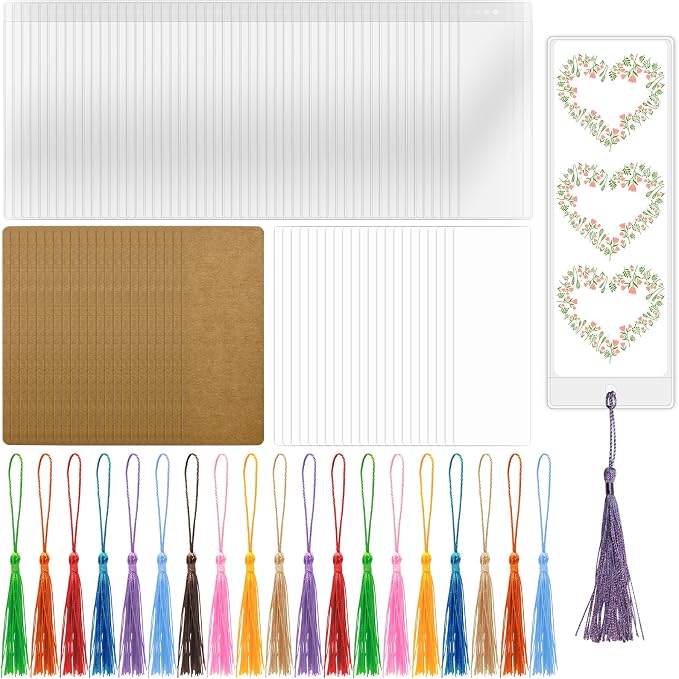 DSYIL 50 Sets Blank Bookmarks Making Kit, 50 Pcs Paper Bookmark Blanks, 50 Colorful Tassels, 50 Pcs Clear Bookmark Sleeves for DIY Book Mark Projects and Gift Tags