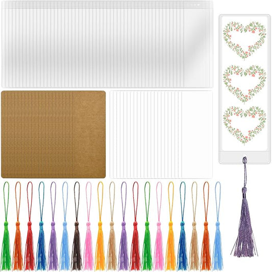 DSYIL 50 Sets Blank Bookmarks Making Kit, 50 Pcs Paper Bookmark Blanks, 50 Colorful Tassels, 50 Pcs Clear Bookmark Sleeves for DIY Book Mark Projects and Gift Tags