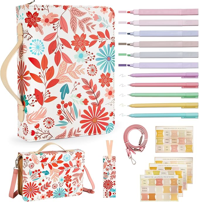 19PCS Idyllic Flower Leather Bible Cover for Women Floral Bible Cover Cases for Teen Girls Christmas Gift Christian Church Carrying Bag Journaling Kit with Shoulder Strap Highlighter Pens Book Marker