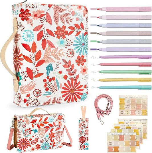 19PCS Idyllic Flower Leather Bible Cover for Women Floral Bible Cover Cases for Teen Girls Christmas Gift Christian Church Carrying Bag Journaling Kit with Shoulder Strap Highlighter Pens Book Marker
