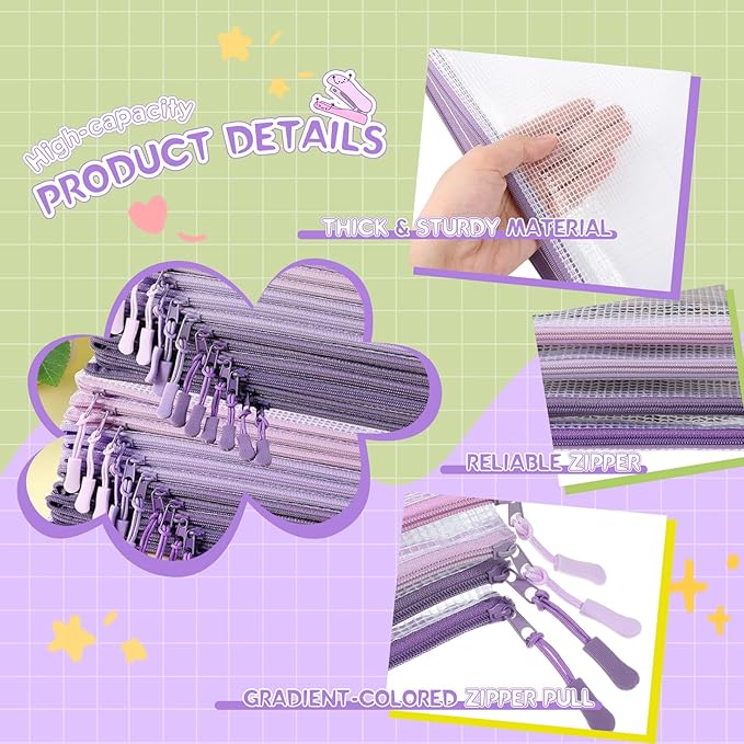 AmazingSpark 36 Pack Purple Mesh Zipper Pouch Bags, Purple Office Supplies A4 Size Waterproof Zipper Bags with Gradient for Classroom Organization, Board Game Storage, Document Bag School