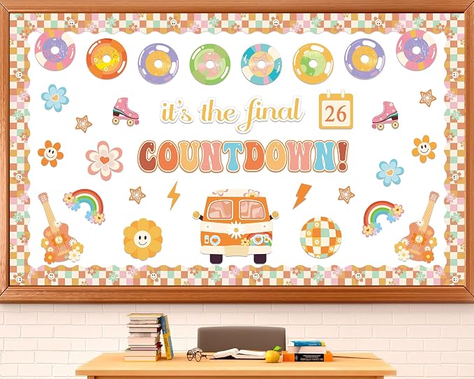 gisgfim Countdown to Summer Classroom Bulletin Board Decorations Set Groovy Hippie End of The Year Cutouts May It's The Final Retro Bulletin Board for Classroom Home Wall Decor Supplies