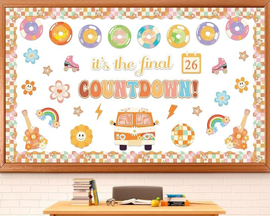 gisgfim Countdown to Summer Classroom Bulletin Board Decorations Set Groovy Hippie End of The Year Cutouts May It's The Final Retro Bulletin Board for Classroom Home Wall Decor Supplies
