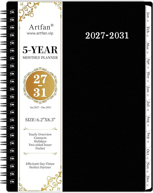 2027-2031 Monthly Planner/Calendar - Jan. 2027 - Dec. 2031, Monthly Planner, 5 Year, 6.2" x 8.3", Multi Year Calendar 2027-2031 with Twin-Wire Binding, Tabs, Storage Pocket - Black