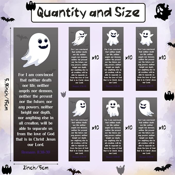 TICIAGA Halloween Religious Christian Bookmarks - 60Pcs Halloween Ghost Bookmarks for Kids, Double Sided Book Tracker Hey Boo Page Marker for Book Lovers, Christian Church Giveaways for Sunday School