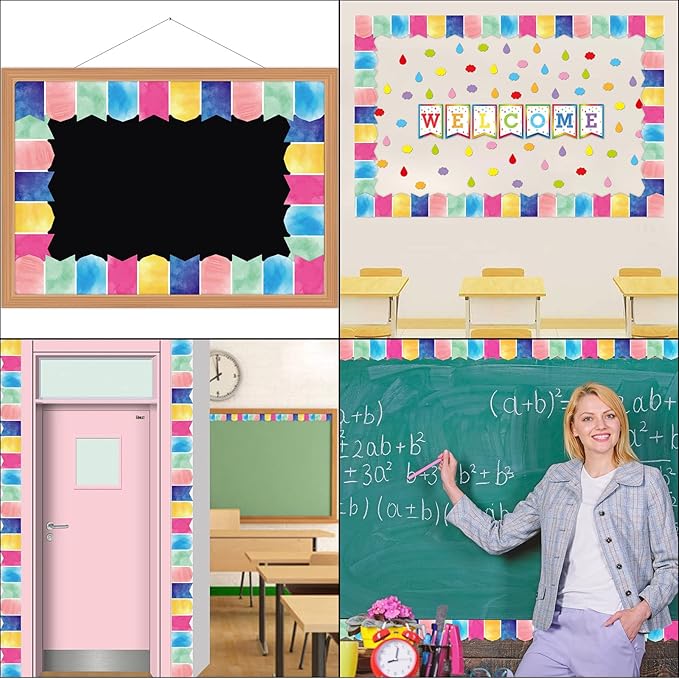 Fancy Land Watercolor Bulletin Board Border Pennants Die-Cut Scalloped Trim Border for Back to School Classroom Decorations 52ft
