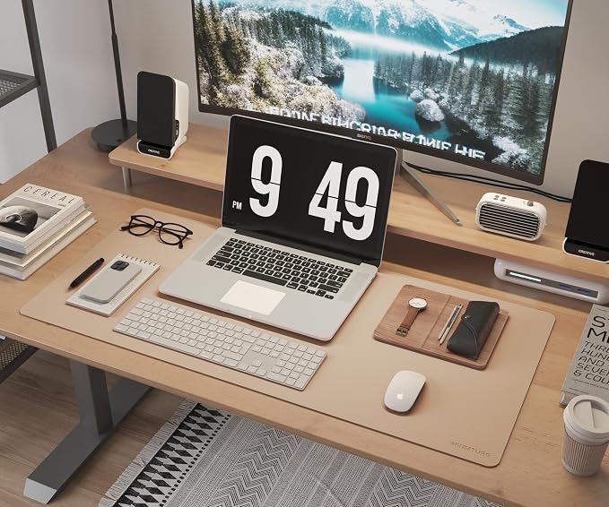 RENMTURE Dual-Sided Large Desk Pad, Faux Leather Natural Cork Mouse pad, Desk Accessories Protector, for Office and Home Work (Off-White, 32"x16")
