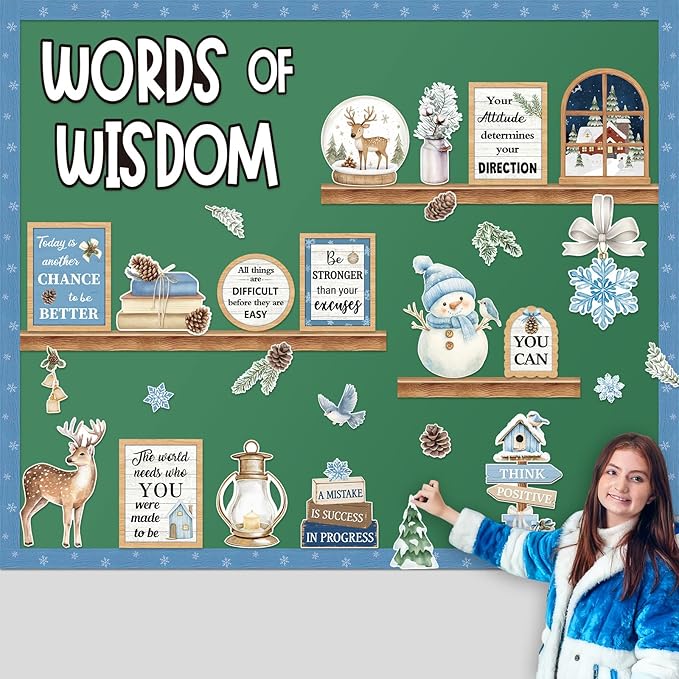 Mooliwe 57 Pcs Christmas Winter Bulletin Board Set Inspirational Classroom Decoration Watercolor Snowflake Snowman Cutout for Holiday School Chalkboard Door Wall Decor