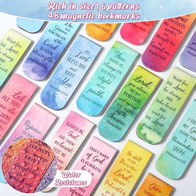 Qeeenar 48 Pcs Bible Verse Magnetic Bookmarks 16 Styles Inspirational Christian Bookmarkers Motivational Encouragement Religious Magnetic Page Clips Presents for Vbs Office Gift Supplies