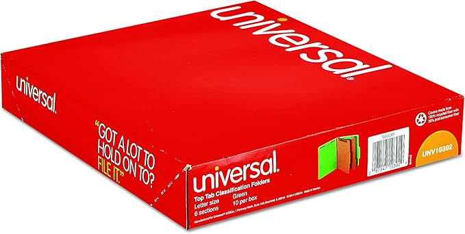 Universal 10302 Pressboard Classification Folders, Letter, Six-Section, Emerald Green (Box of 10)