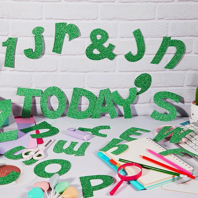 Colarr 216 Pcs Glitter Bulletin Board Letters for Classroom Number Alphabet Punctuation Symbol Cutout 4'' Die-Cut Poster Letter with Adhesive Dot School Graduation Party Summer Decor Display(Green)