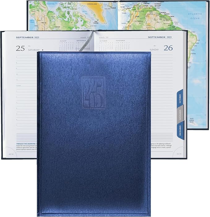 Leather Executive Daily Planner 2026 – A5-Compatible (8.3 x 5.9 in), One Page per Day Hourly Business Agenda, 416 Pages, Monthly Tabs, Hardcover – Made in Italy (BLUE 2025)