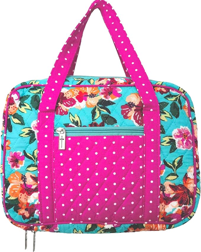 DIWI Quilted Bible Cover Large Sizes 10 X 7 X 2.75 Inches Bible Tote Good Book Case (L, C2 Pink Garden)