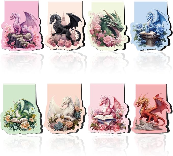 Cool Dragon Magnetic Bookmarks, 8 Pcs Flower Dragon Magnet Book Mark Clips Gifts for Men Boys Kids, Fantasy Novel Accessories for Reading Journals Christmas Birthday Stocking Stuffers