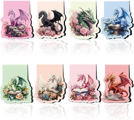 Cool Dragon Magnetic Bookmarks, 8 Pcs Flower Dragon Magnet Book Mark Clips Gifts for Men Boys Kids, Fantasy Novel Accessories for Reading Journals Christmas Birthday Stocking Stuffers