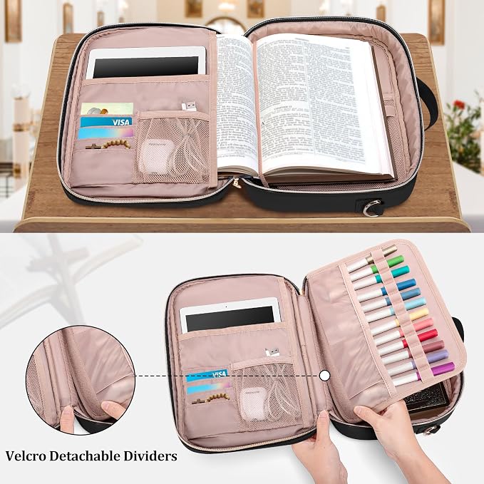 Teamoy Large Bible Cover, Women Bible Carrying Case Church Bag with Straps and Pens Holder, Bible Study Supplies Tote Bag, Black Quilted