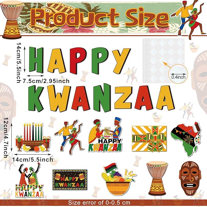 68 Pcs Kwanzaa Classroom Bulletin Border Decoration - Happy Kwanzaa Cutouts, Traditional African Giant Drum Mask Flag Map, Giant Candlestick Cutouts for School Chalkboard, Party Wall