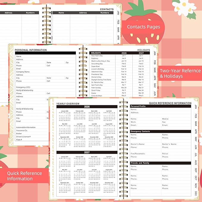 2026 Planner, Jan.2026 - Dec.2026 Planner Weekly and Monthly 6.25"x8.5" with with Page Tabs, Calendar Hardcover with Inner Pocket, Elastic Band, Twin-Wire Binding, Bookmark,Strawberry Lattice