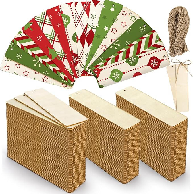 Cididu 150 Pieces Wood Blank Bookmark, DIY Wooden Craft Bookmark with Ropes | Unfinished Hanging Gift Tags Ornaments, Rectangle Crafts Blank for Wedding Birthday Party Decor Christmas , 4.7'' x 1.3''