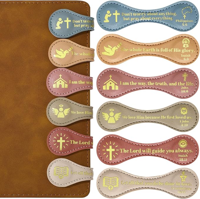 Spakon 6 Pcs Christian Fathers Day Magnetic Bookmark Gifts Bible Bookmarks Religious Personalized Magnetic Leather Book Marker for Men Women Coworkers Teachers Students(Earth Tones,Classic)