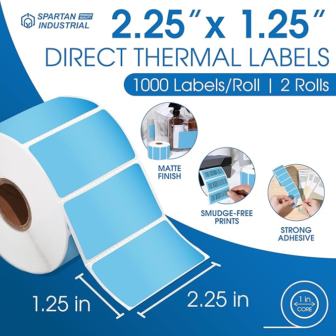 Spartan Industrial - 2.25" X 1.25" Blue Direct Thermal Labels (2000 Count, 2 Rolls) Perforated Barcode Address Stickers - Compatible with Rollo, Zebra, MUNBYN Desktop Printers