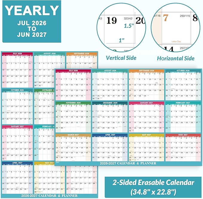 2026-2027 Yearly Wall Calendar - Dry Erase Calendar 2026-2027, July 2026 - June 2027, 34.8'' × 22.8'', 2-Sided Erasable Calendar with 8 Round Stickers
