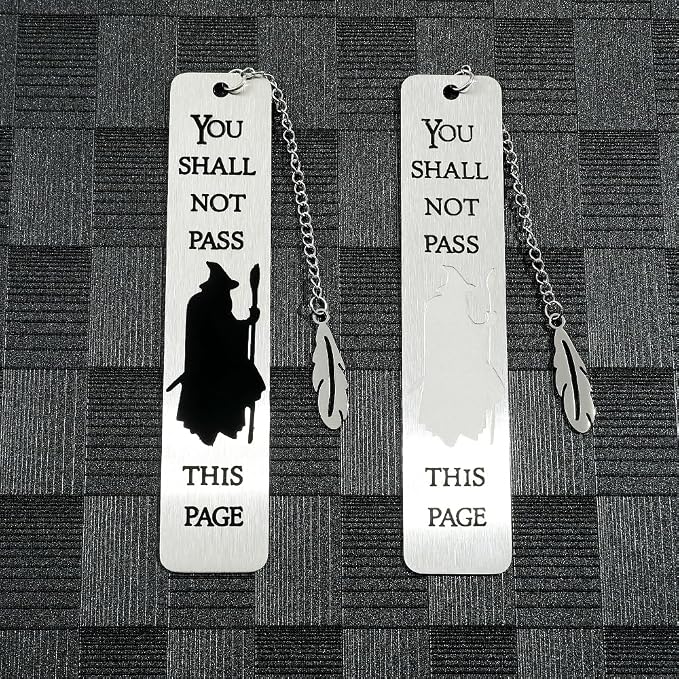 3Pcs Fantasy LOTR Metal Bookmarks Set, Elvish Leaf Pendant with Sword Charm, Evenstar Engraving, Epic Quotes Carved, Dark Academia Book Accessories, Gifts for Readers (B&W Gandalf)