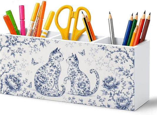 Blue Chinoiserie Cat Pen Pencil Holder for Desk, Cat Lover Gifts for Women, Cottagecore Botanical Floral Kitty Wooden Pencil Holder Organizer Desk Accessories Decor for Home Office Desk
