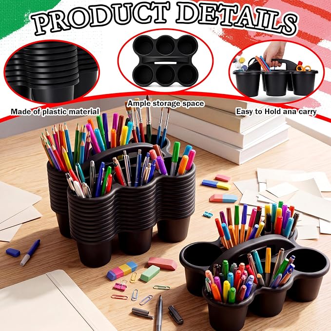 12 Pack Classroom Caddy Organizer with Handle Plastic Cup Caddy 6 Compartment Organizer School Storage Supplies for Table Crayon Pencil Cup Marker Craft School Home Office(Black)