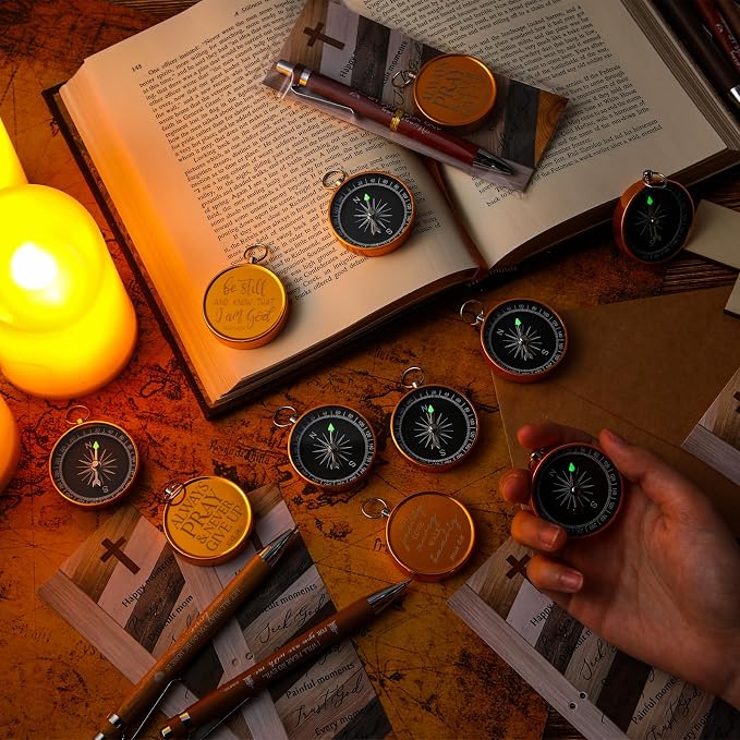 Spakon 50 Sets Father's Day Christian Gifts for Men Religious Bamboo Pens Bible Verse Bookmarks Engraved Brass Compass Bible Quotes for Dad Pastors Church Gifts Party Favors