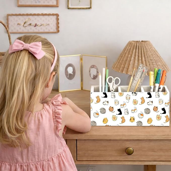 Cartoon Cat Pattern Wooden Desk Organizer | Cute Cat Pen Pencil Holder, 3-Compartment Decorative Office Supply Storage Box for Desk, Home Office, Cat Lover Decor