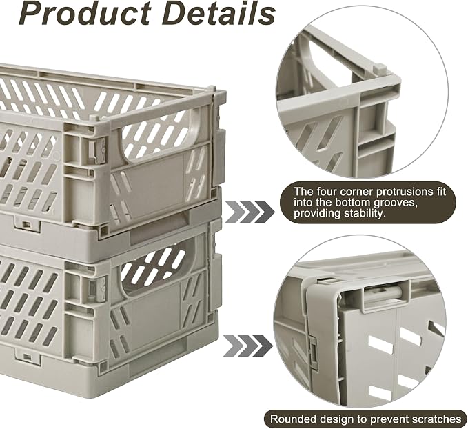 2 Pack Mini Foldable Small Plastic Baskets for Organizing and Storage，Collapsible Storage Crates,Mini Bins for Home Kitchen Bedroom Bathroom Office (Grey, Extra Large 16x11x6)