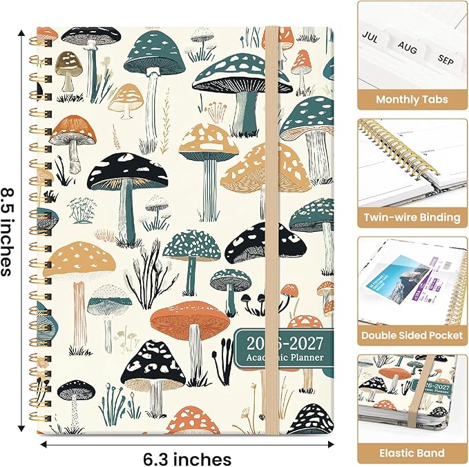 Planner 2026-2027, Academic Year Weekly and Monthly Calender Planner, from Jul 2026 - Jun 2027, Spiral Bound School Planning Book, Perfect for Teacher, Student, Women & Men, A5 (6.3" x 8.5"), Mushrooms Grove