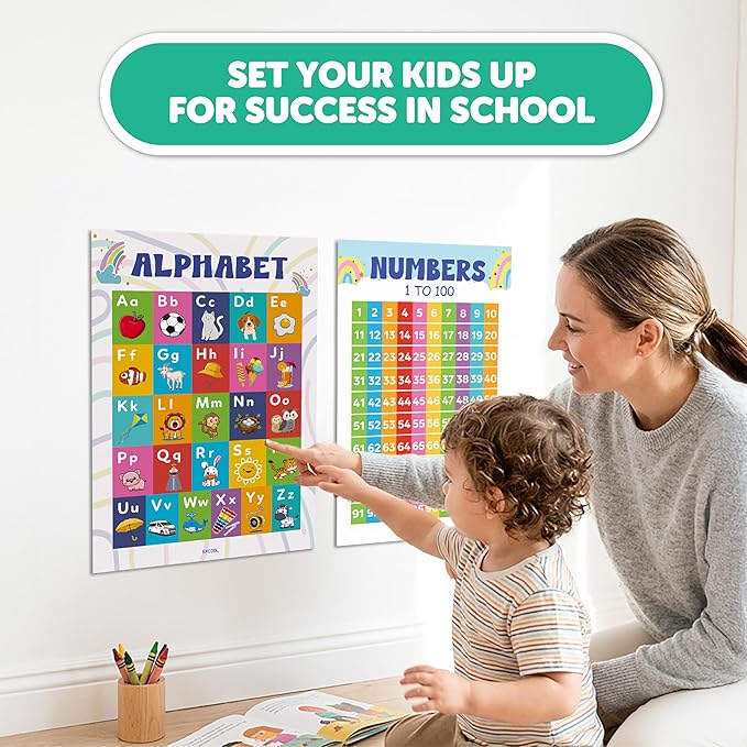 EXCOOL CLUB 16 Colorful Educational Posters For Toddlers 1-3, Toddler Learning Posters For Kids Ages 3-5, Kindergarten Classroom Must Haves, Laminated Abc Number Chart Prek Classroom Decor Preschool